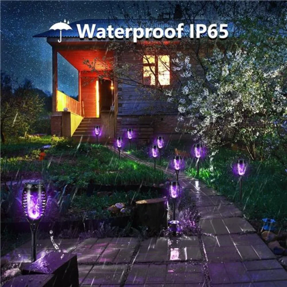 Purple Solar Halloween Lights, 12 Pack Solar Torch Lights with Flickering Flame